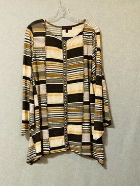Mishca Women's Striped Button-Trim Blouse - Brown, Cream & Navy Sz XL